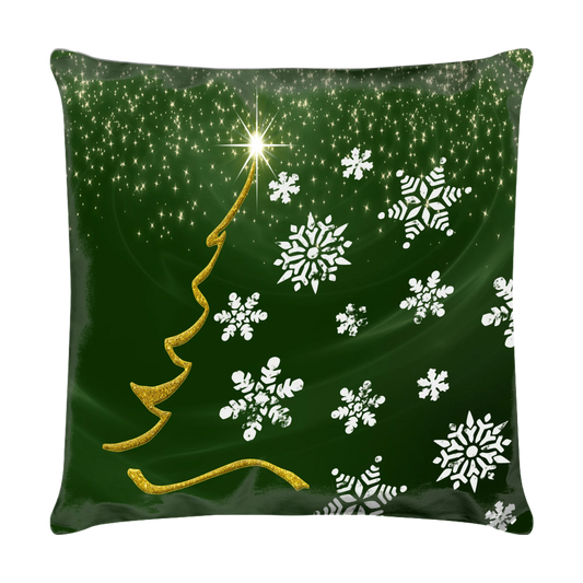 kissen-dunkel-gruen-40x40-cm-rueckseite-mit-goldener-weihnachtsbaum-silhouette-darueber-mit-sternen-und-daneben-mit-grossen-schneeflocken