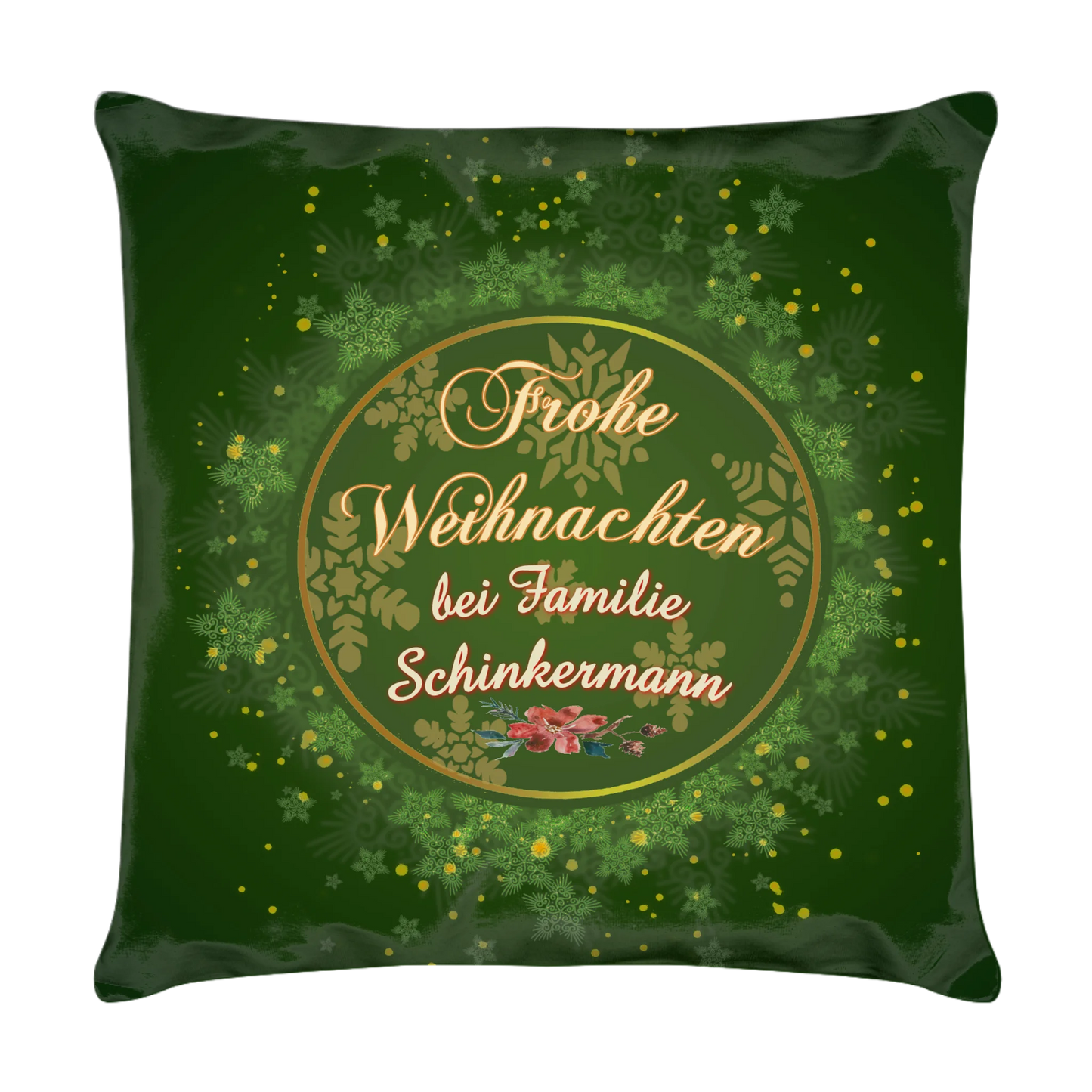 kissen-dunkel-gruen-40x40-cm-mit-familienname-vorderseite-mit-schriftzug-frohe-weihnachten-bei-familie-und-personalisiertem-namen-umgeben-von-einem-runden-goldenen-rahmen-umgeben-von-schneeflocken-und-sternen