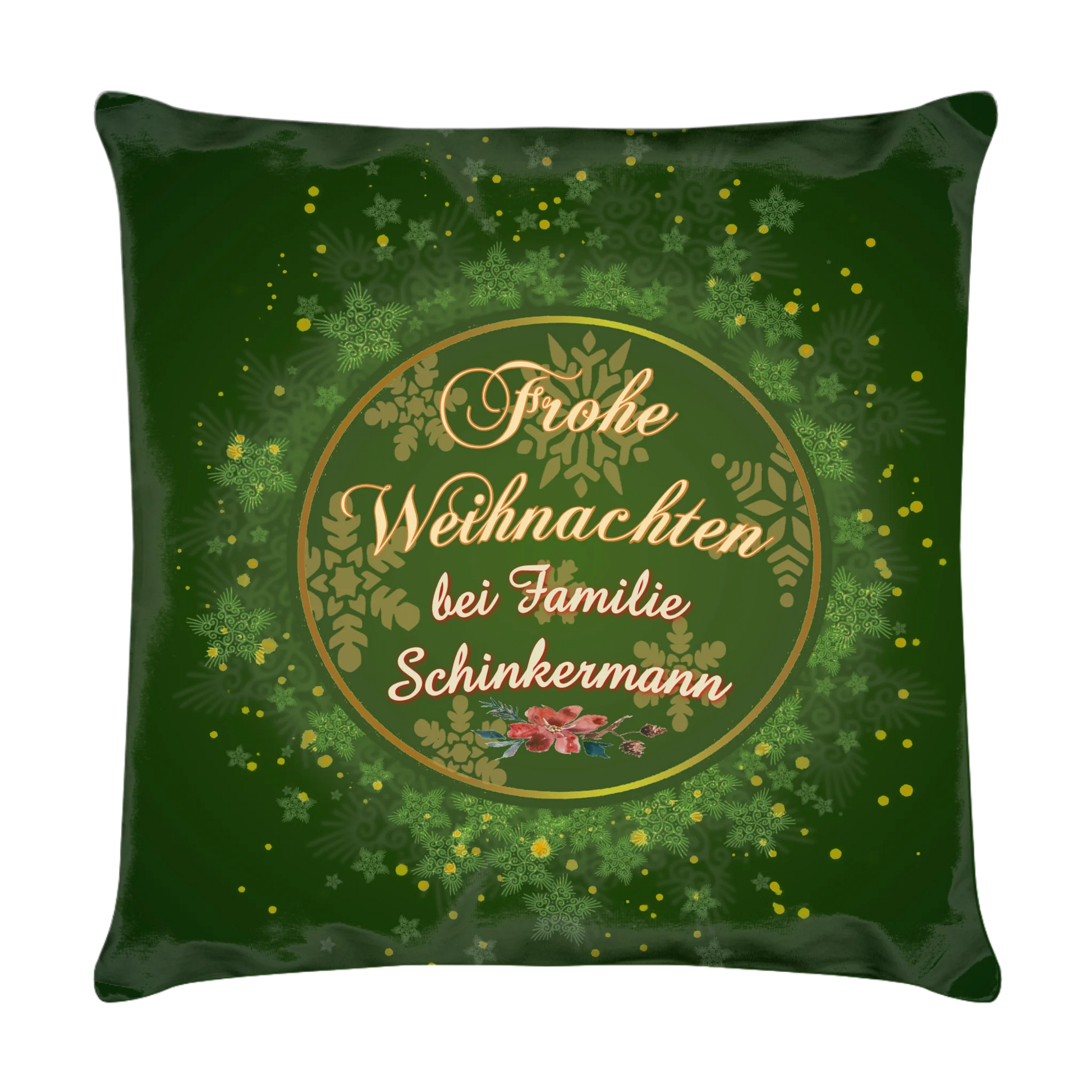 kissen-dunkel-gruen-40x40-cm-mit-familienname-vorderseite-mit-schriftzug-frohe-weihnachten-bei-familie-und-personalisiertem-namen-umgeben-von-einem-runden-goldenen-rahmen-umgeben-von-schneeflocken-und-sternen