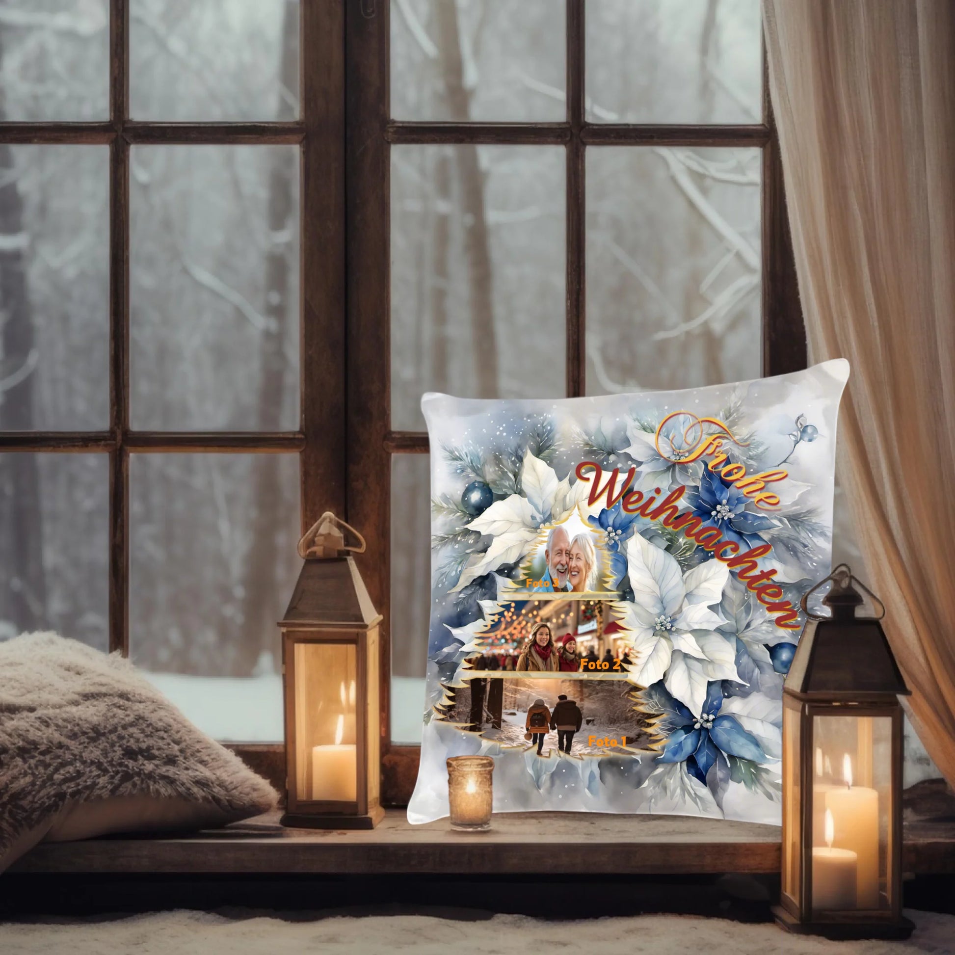 kissen-40x40-cm-mit-foto-collage-vorderseite-mit-collage-mit-drei-eigenen-bildern-in-tannenbaum-form-darueber-schriftzug-frohe-weihnachten-in-gold-gelb-und-weinrot-hintergrund-ist-blume-weihnachtsstern-in-weiss-blau-kissen-steht-auf-einer-fensterbank-neben-einer-laterne-im-winter