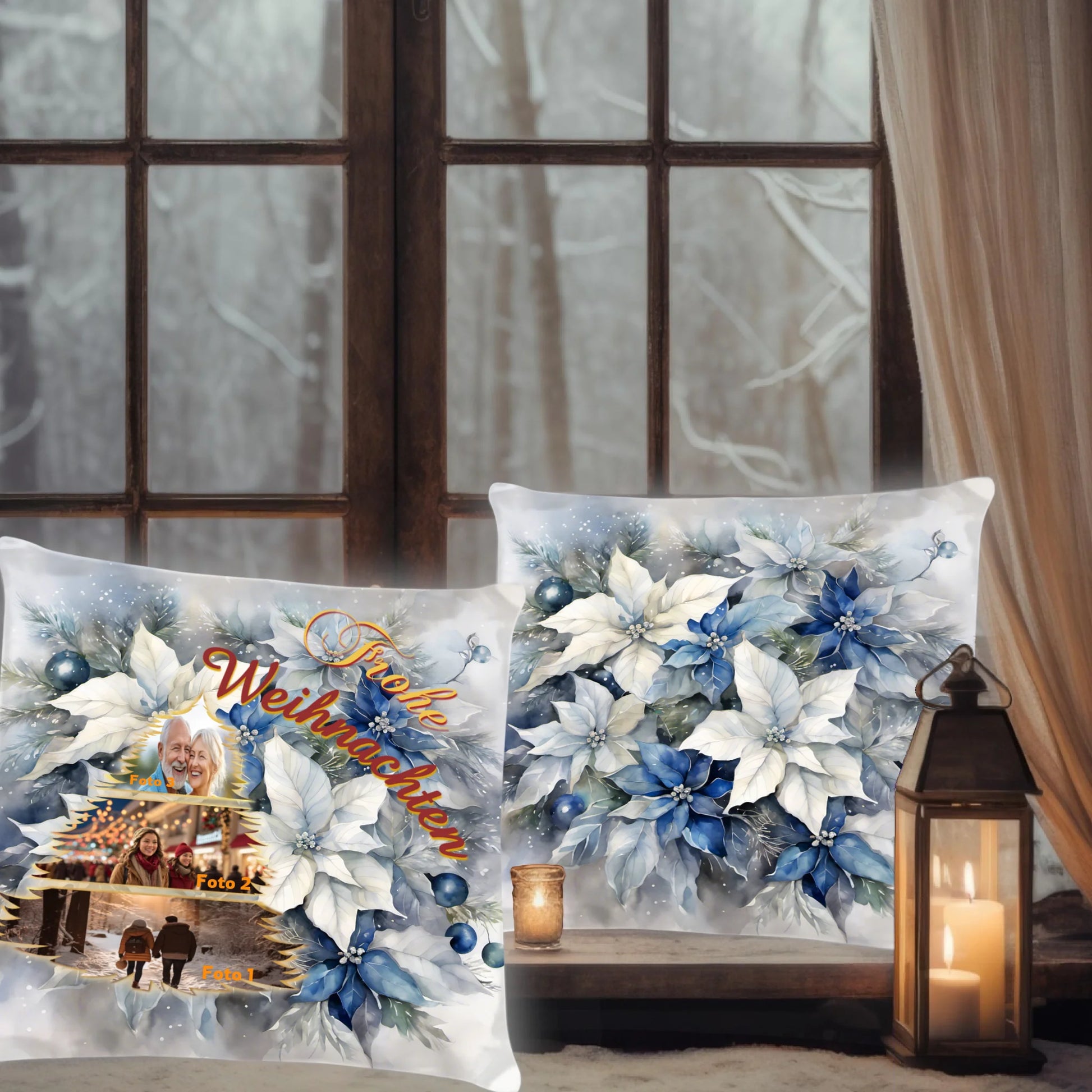 kissen-40x40-cm-mit-foto-collage-vorderseite-und-rueckseite-nebeneinander-vorderseite-mit-collage-mit-drei-eigenen-bildern-in-tannenbaum-form-darueber-schriftzug-frohe-weihnachten-in-gold-gelb-und-weinrot-hintergrund-ist-blume-weihnachtsstern-in-weiss-blau-rueckseite-mit-bild-auf-ganzer-flaeche-von-blume-weihnachtsstern-in-weiss-und-blau-kissen-stehen-vor-fenster-im-winter-neben-einer-laterne