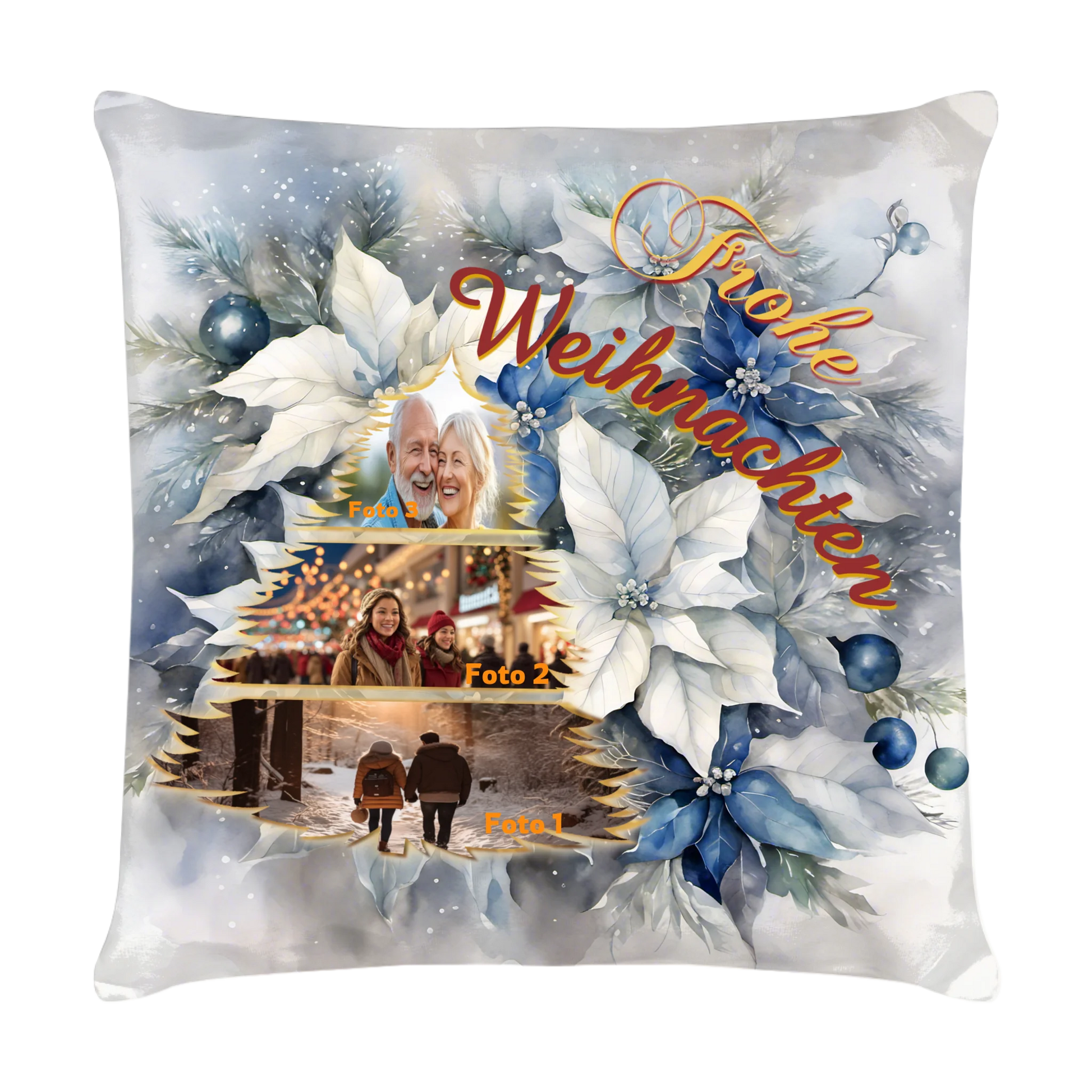 kissen-40x40-cm-mit-foto-collage-vorderseite-mit-collage-mit-drei-eigenen-bildern-in-tannenbaum-form-darueber-schriftzug-frohe-weihnachten-in-gold-gelb-und-weinrot-hintergrund-ist-blume-weihnachtsstern-in-weiss-blau