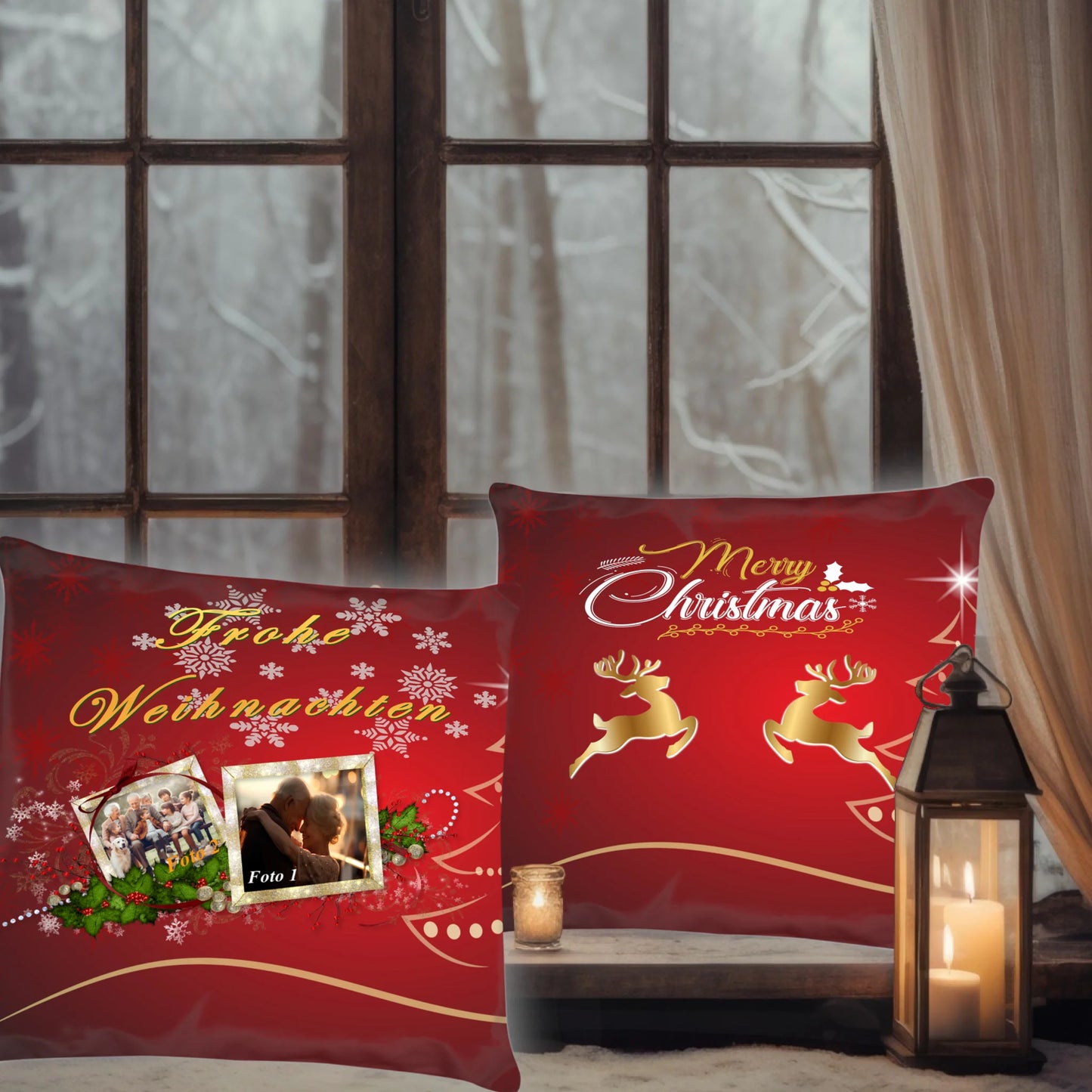 kissen-40x40-cm-rot-vorder-und-rueckseite-nebeneinander-vorderseite-mit-goldenen-rentieren-und-schriftzug-merry-christmas-rueckseite-personalisiert-mit-zwei-fotos-in-einem-festlichem-rahmen-und-darueber-schriftzug-frohe-weihnachten-kissen-stehen-vor-einem-fenster-im-winter-neben-einer-laterne