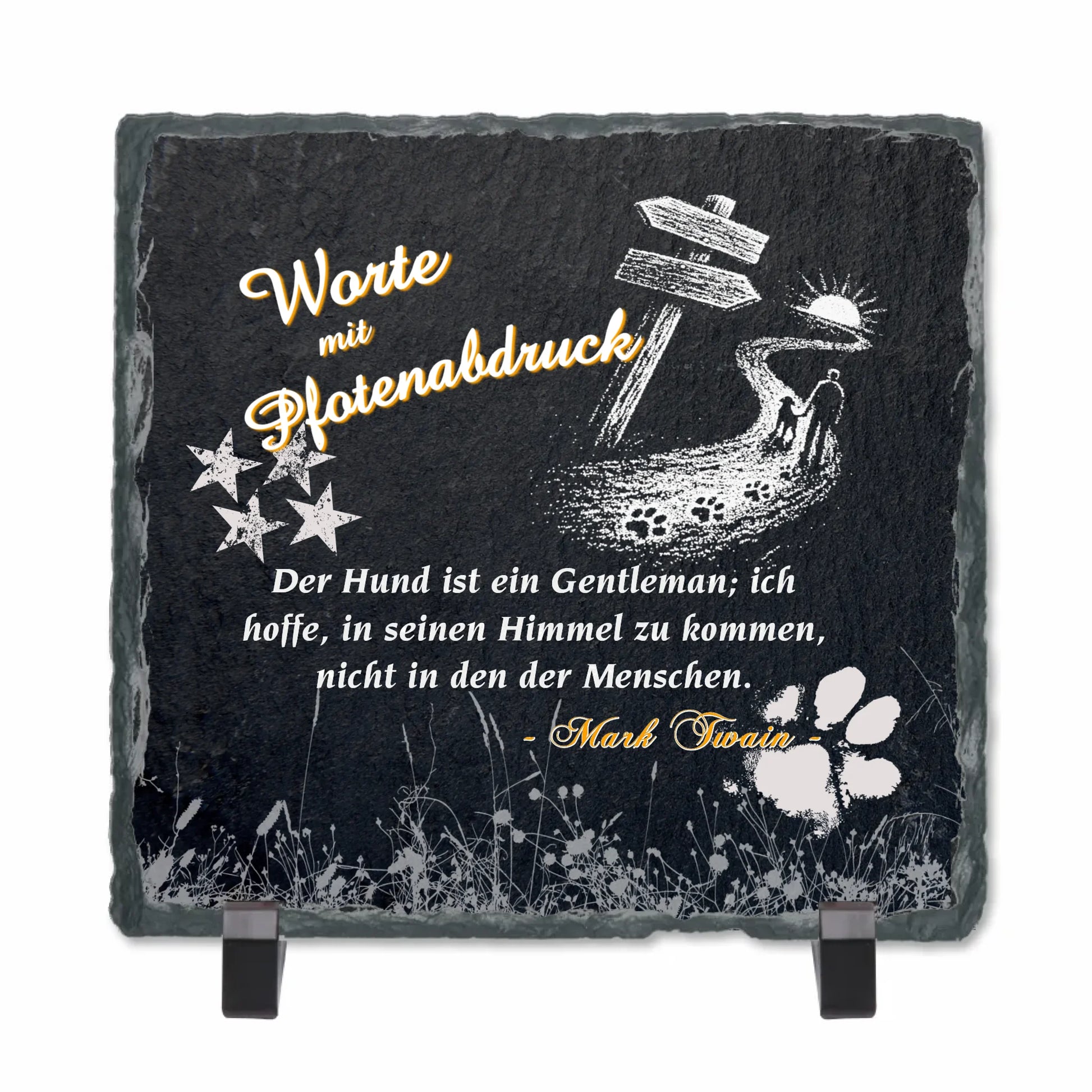 schieferplatte-15x15cm-schwarz-mit-standfuss-mit-waehlbarem-kurzem-hunde-zitat-in-weißer-schrift-und-motiv-silouette-mann-mit-hund-auf-einem-weg-darueber-schriftzug-worte-mit-pfotenabdruck