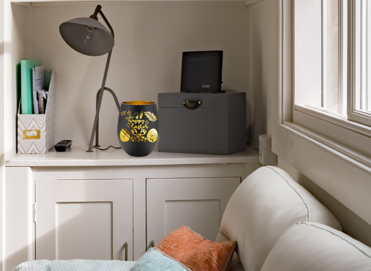 Windlicht Glas, Teelichthalter in Schwarz & Gold "Happy Easter" - Greez24