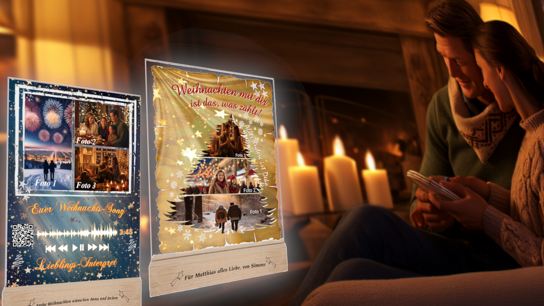 acrylglas-fotoaufsteller-mit-foto-collage-auf-wohnzimmer-tisch-daneben-sitzt-ein-paerchen-im-kerzenschein-auf-dem-sofa