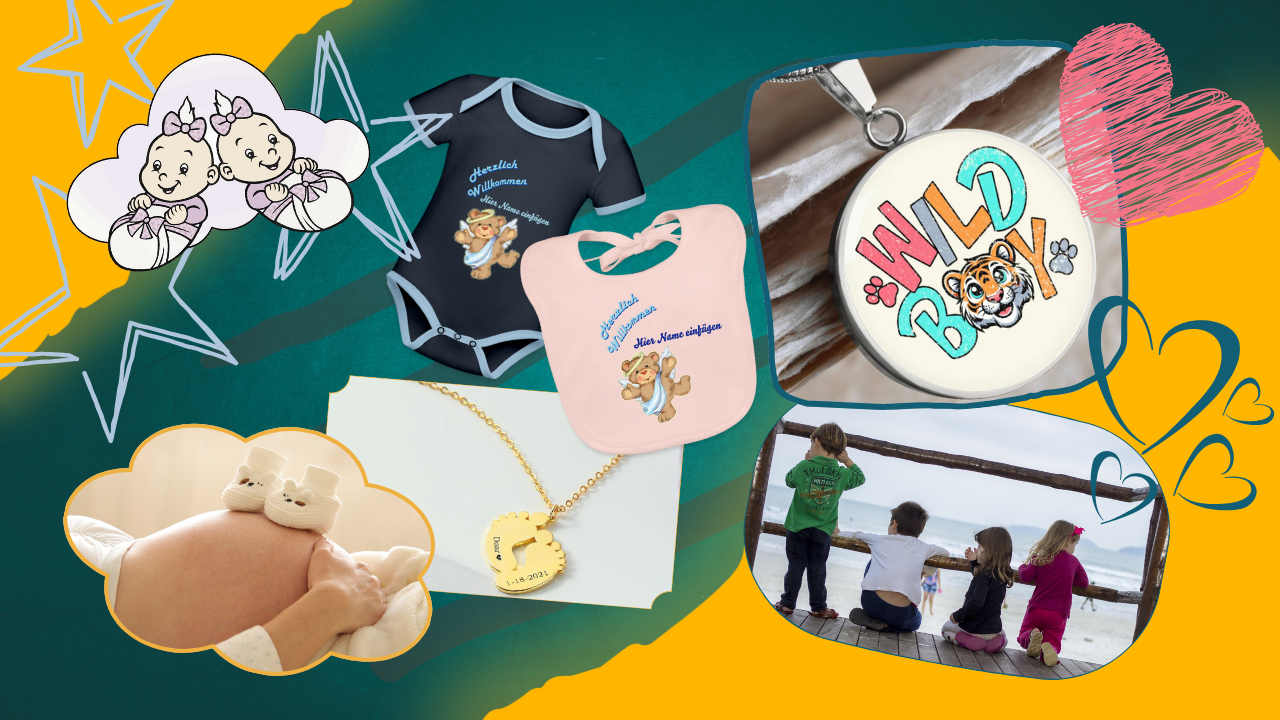 kinder-am-see-schwangere-frau-und-bilder-von-lätzchen-und-babymode