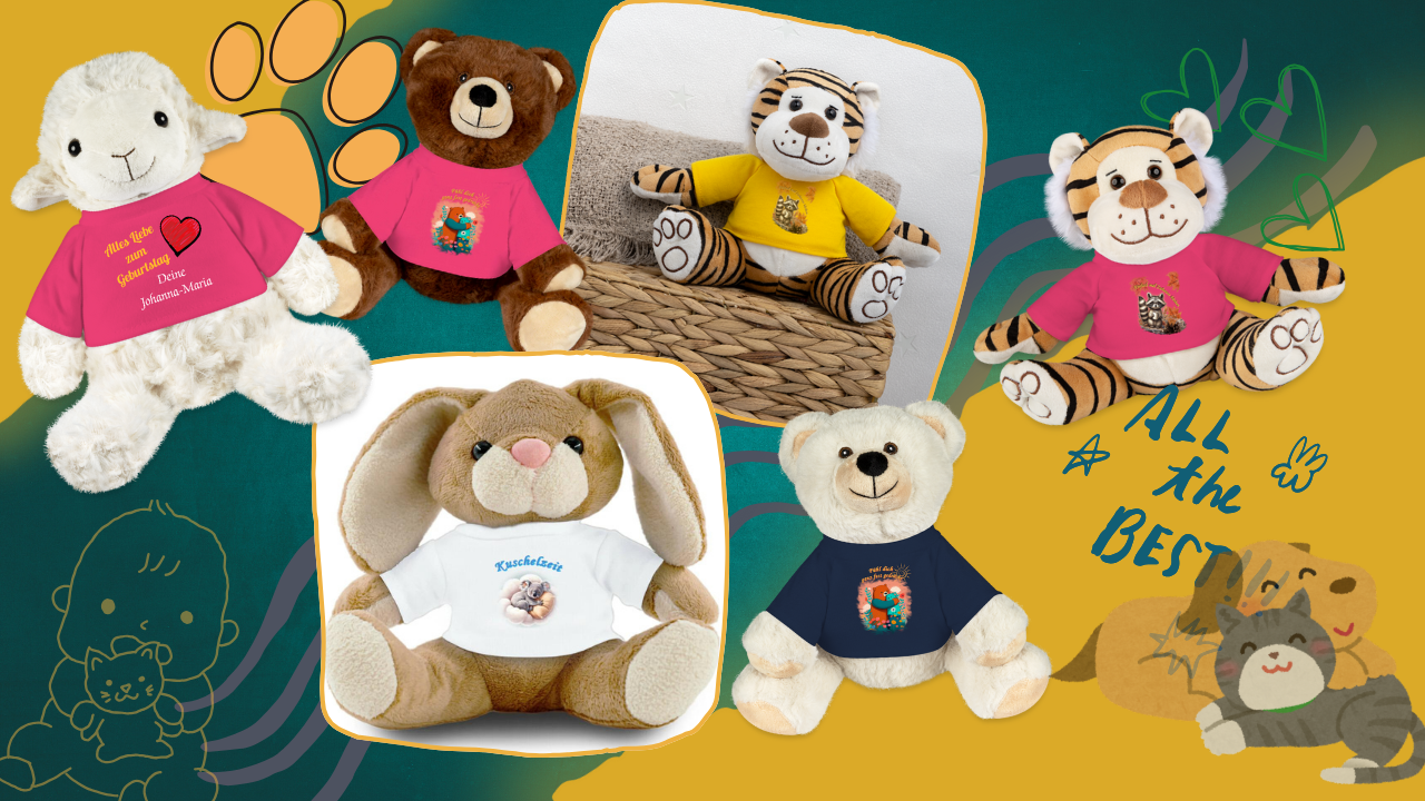 stofftiere-tiger-hase-lamm-baer-mit-farbigen-shirts-bedruckt-mit-suessen-motiven