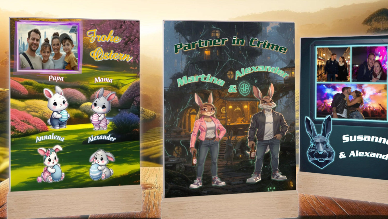 zusammenstellung-acryl-glas-fotoaufsteller-mit-echtholz-sockel-als-personalisiertes-ostergeschenk-mit-fotos-und-namen-design-mit-bunten-ostermotiven