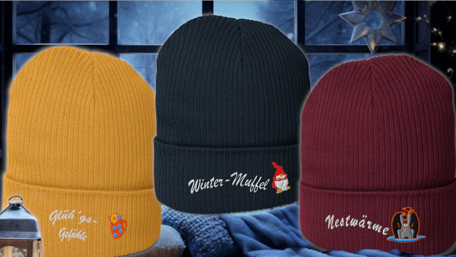 Coole Strickmützen aus Baumwolle mit witzigen Wintermotiven bestickt
