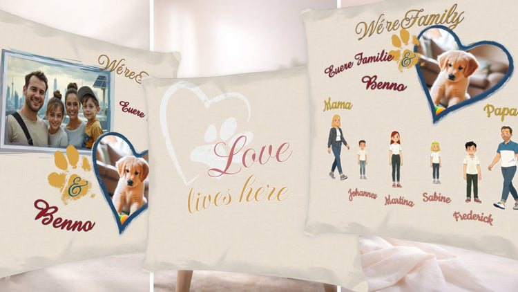 Familien-Kissen personalisiert mit Haustier - Geschenk mit Pfotenabdruck