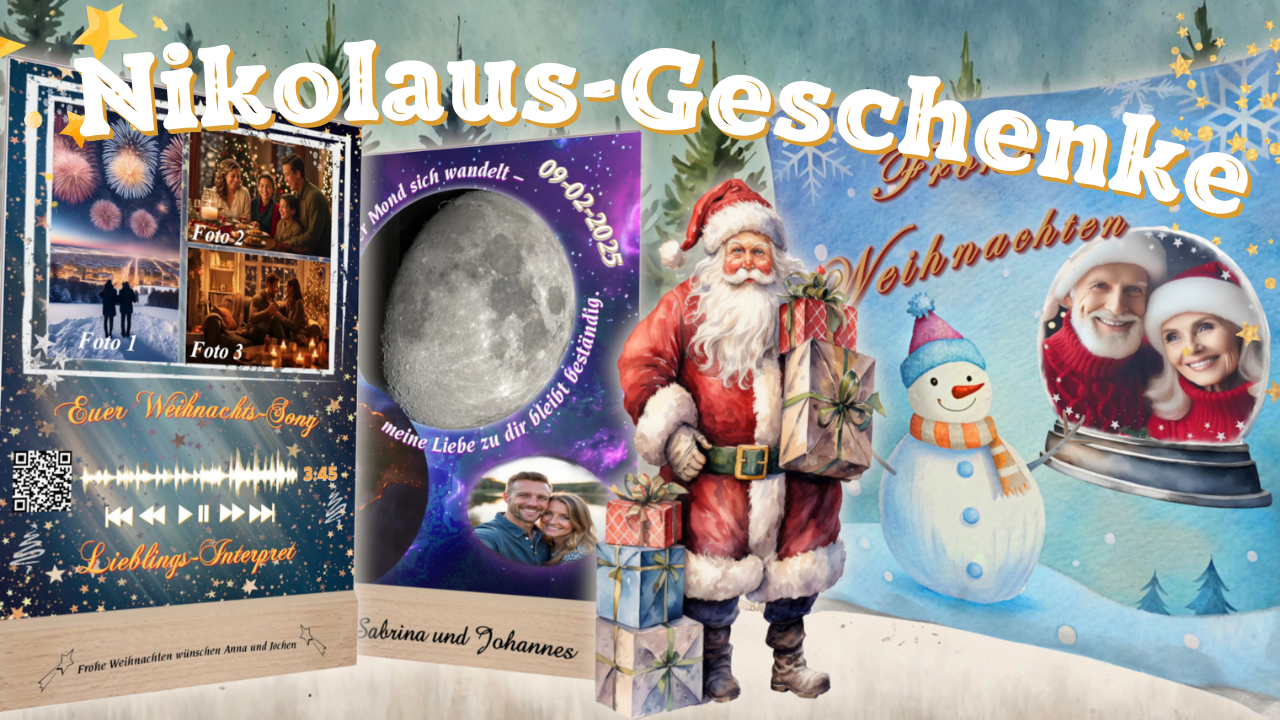 zusammenstellung-kleine-nikolausgeschenke-fuer-erwachsene-personalisierte-fotoaufsteller-mit-mond-bild-und-fotos-spotify-fotogeschenk-auf-acryl-glas-weihnachtskissen-mit-foto-personalisiert