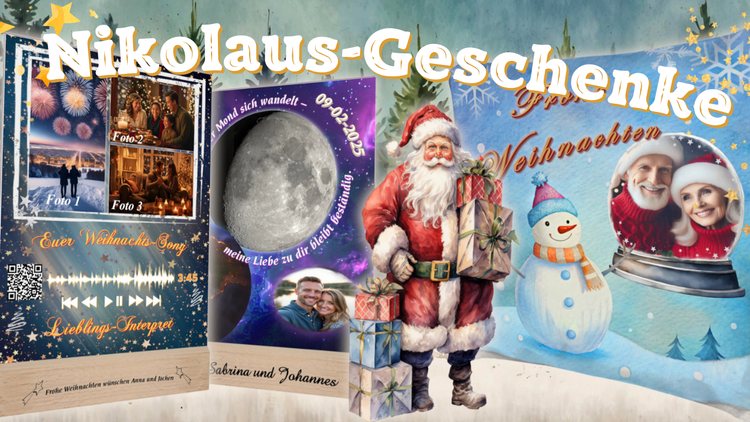zusammenstellung-kleine-nikolausgeschenke-fuer-erwachsene-personalisierte-fotoaufsteller-mit-mond-bild-und-fotos-spotify-fotogeschenk-auf-acryl-glas-weihnachtskissen-mit-foto-personalisiert