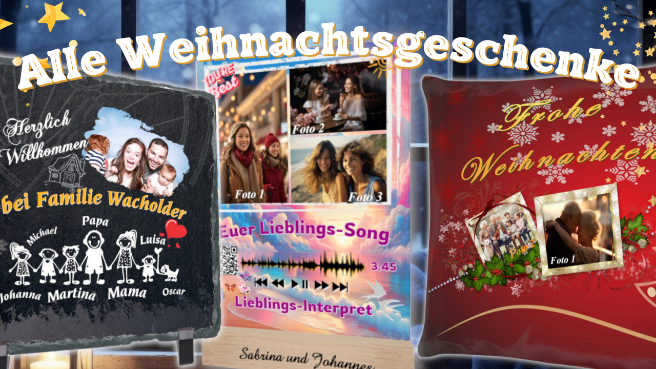 zusammenstellung-kleine-weihnachtsgeschenke-personalisiert-mit-foto-acrylglas-aufsteller-fuer-mama-schieferplatte-fuer-papa-liebevolles-fotokissen-fuer-grosseltern