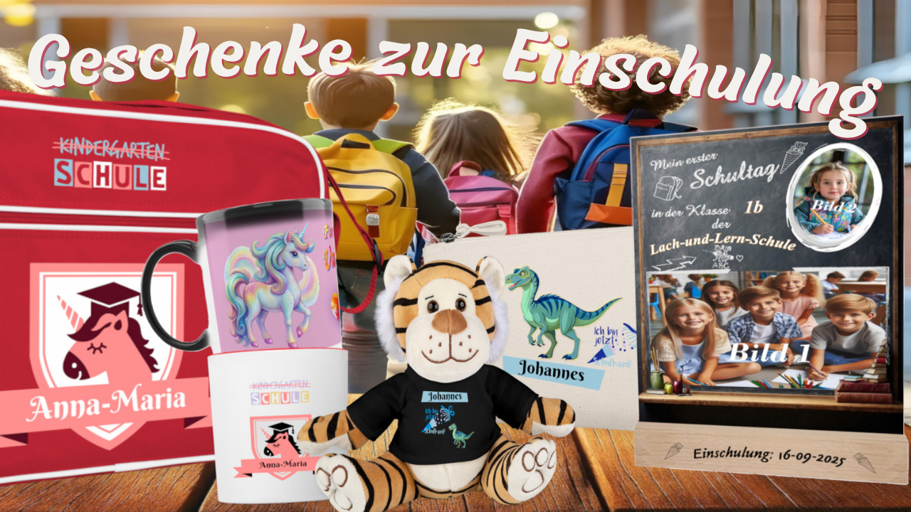 zusammenstellung-origineller-personalisierter-geschenke-zur-einschulung-tassen-fuer-den-ersten-schultag-kuscheltier-tiger-fuer-die-schultuete-von-jungen-acrylglas-mit-fotos-und-namen-und-eine-personalisierte-umhaengetasche-fuer-maedchen