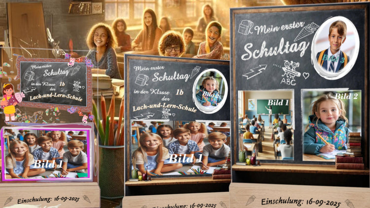 zusammenstellung-von-erinnerungstafeln-aus-acryl-zur-einschulung-mit-foto-und-gravierten-holzsockeln-personalisiert-mit-verschiedener-anzahl-an-fotos-gestaltet-mit-name-der-schule-einschulungsdatum-design-mit-schulischen-motiven-wie-schultuete-rucksack