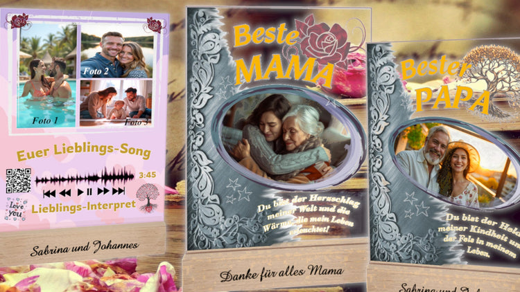 zusammenstellung-verschiedene-acryl-fotoaufsteller-personalisiert-mit fotos-und-spruechen-fuer-mama-papa-und-großeletern