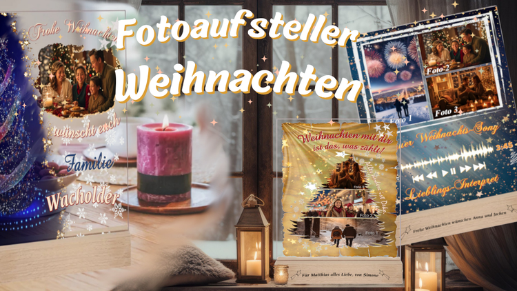zusammentellung-personalisierter-acrylglas-fotoaufsteller-zu-weihnachten-mit-gravierten-holzsockeln-gestaltet-mit-fotos-namen-oder-lieblingslied-mit-qr-code-fuer-spotify-fotocollagen-mit-weihnachtlichen-motiven-dekoriert