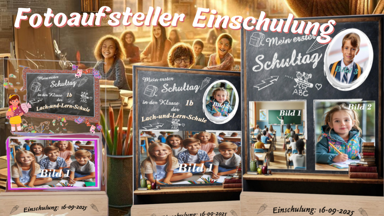 zusammenstellung-von-erinnerungstafeln-aus-acryl-zur-einschulung-mit-foto-und-gravierten-holzsockeln-personalisiert-mit-verschiedener-anzahl-an-fotos-gestaltet-mit-name-der-schule-einschulungsdatum-design-mit-schulischen-motiven-wie-schultuete-rucksack