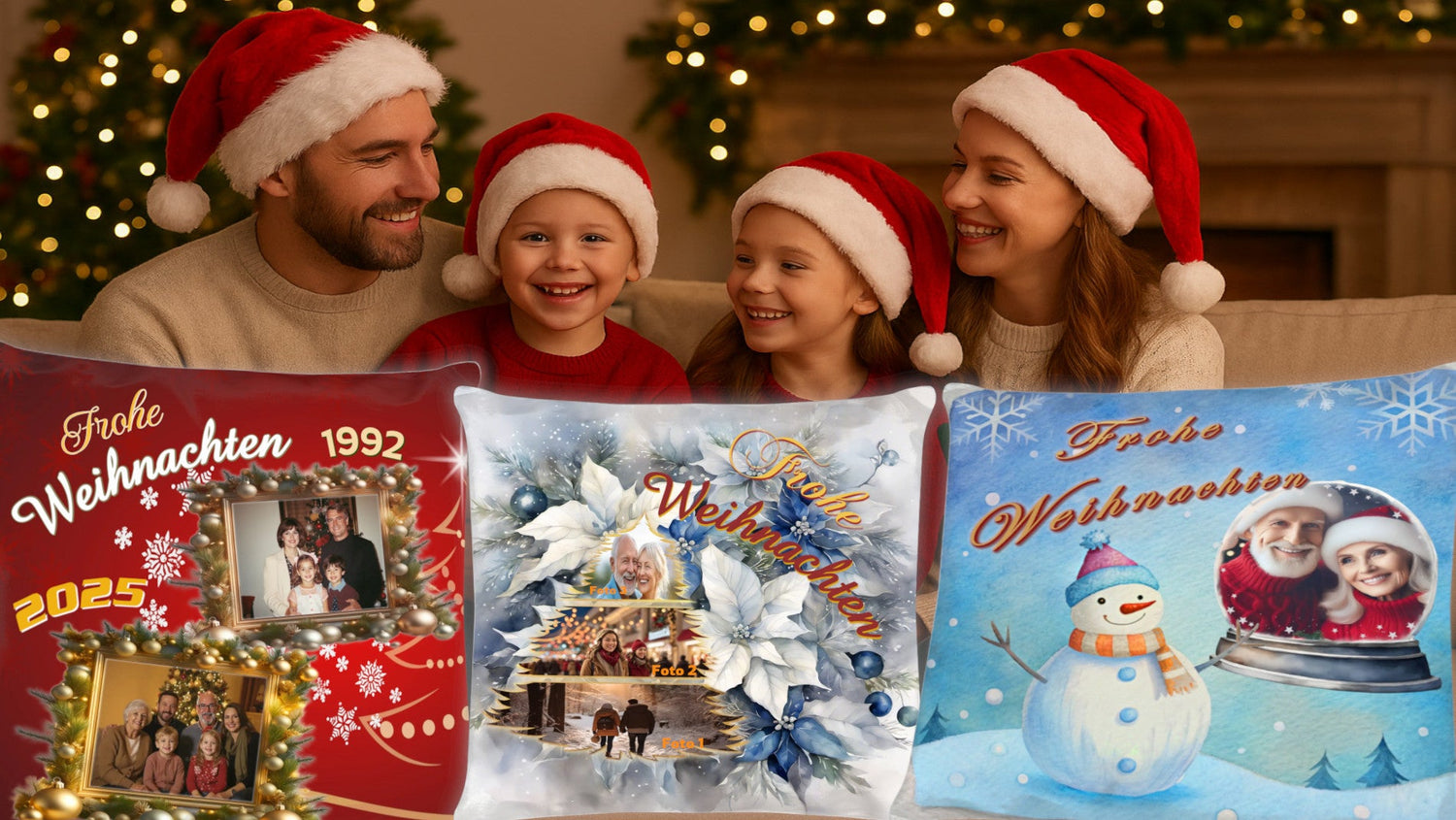 zusammenstellung-drei-weihnachtskissen-rot-gruen-oder-schneemannmotiv-und-personalisiert-mit-foto-und-namen-personalisiertes-weihnachtsgeschenk