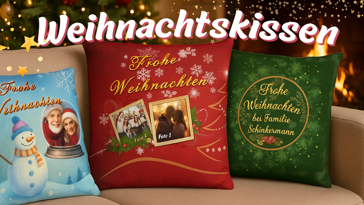 zusammenstellung-drei-weihnachtskissen-rot-gruen-oder-schneemannmotiv-und-personalisiert-mit-foto-und-namen-personalisiertes-weihnachtsgeschenk