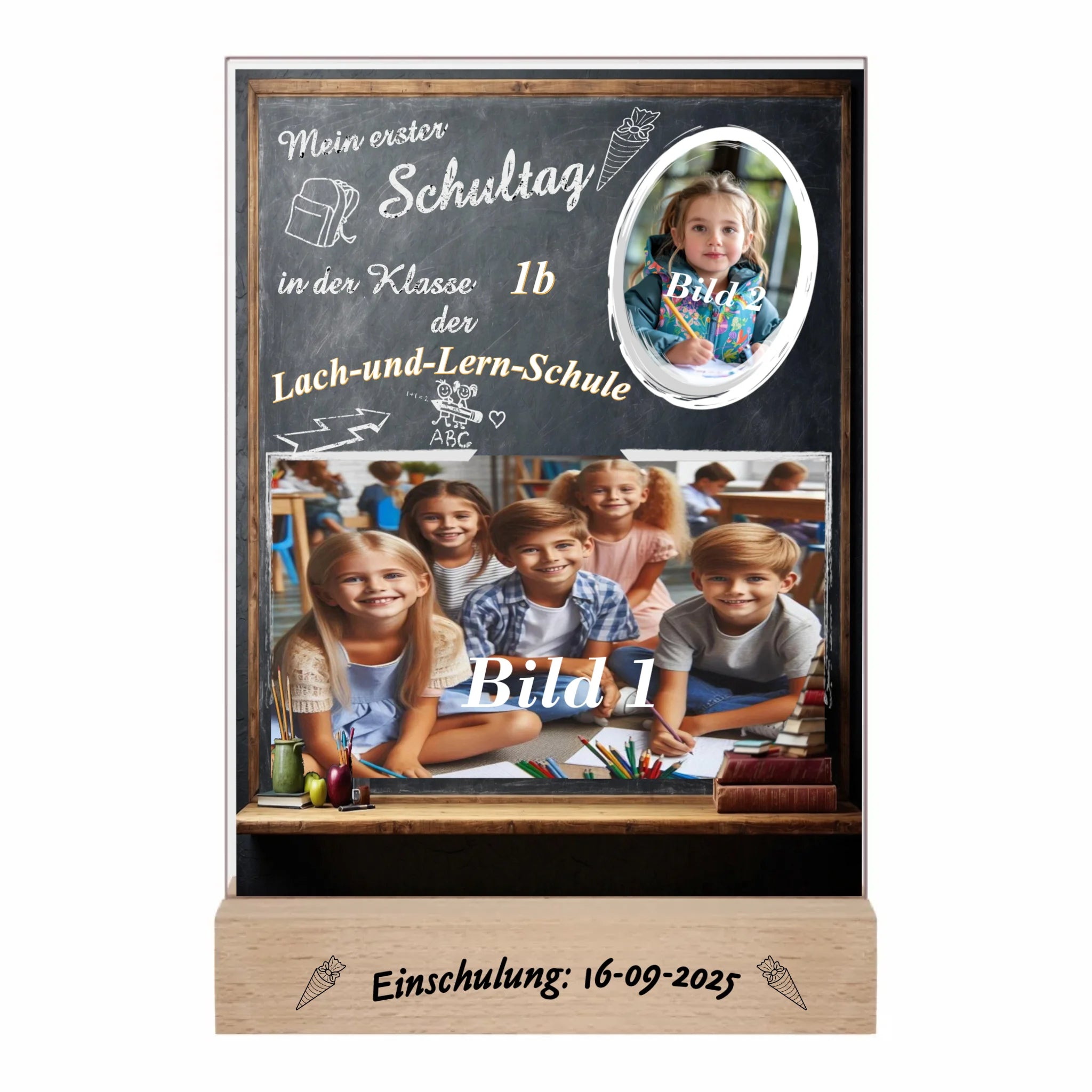 personalisierte-erinnerungstafel-15x20cm-aus-acrylglas-mit-2-fotos-name-der-schule-und-der-klasse-hintergrund-schultafel-bedruckt-mit-echtholz-standfuß-graviert-mit-einschulungsdatum