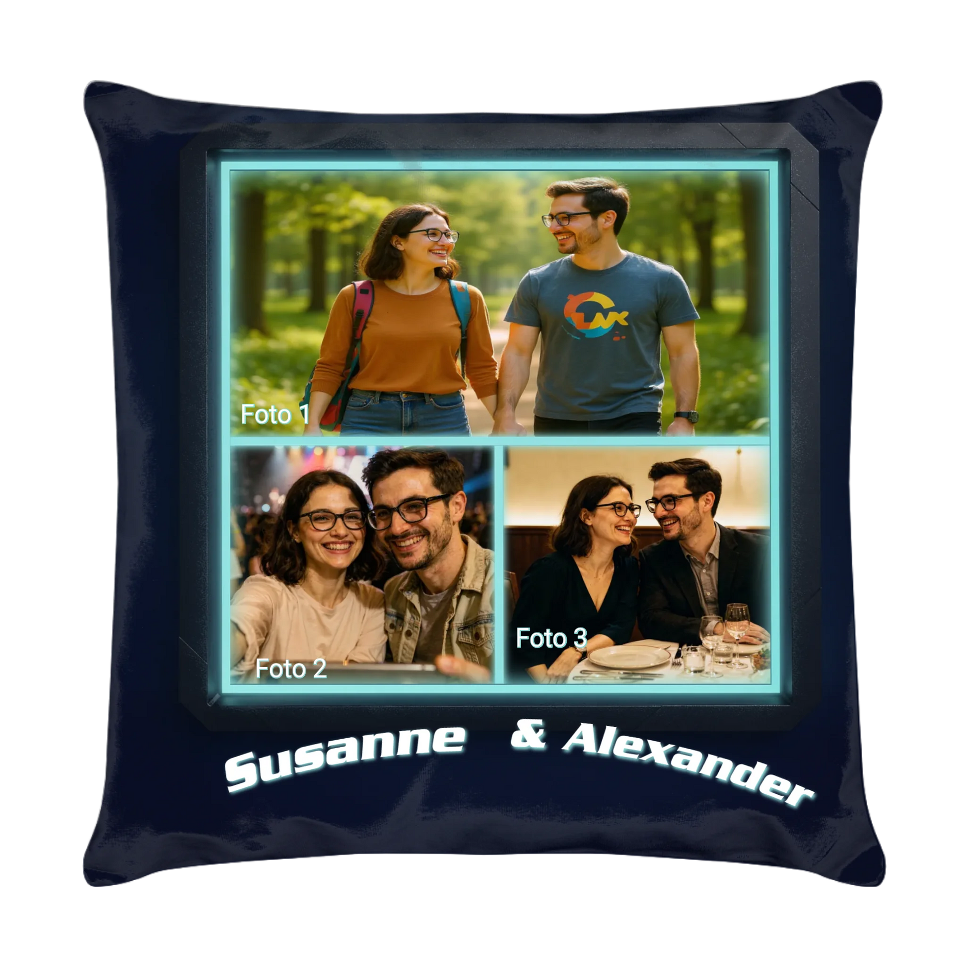 kissen-40x40-personalisiert-mit-fotocollage-3-teilig-und-namen-vorderseite