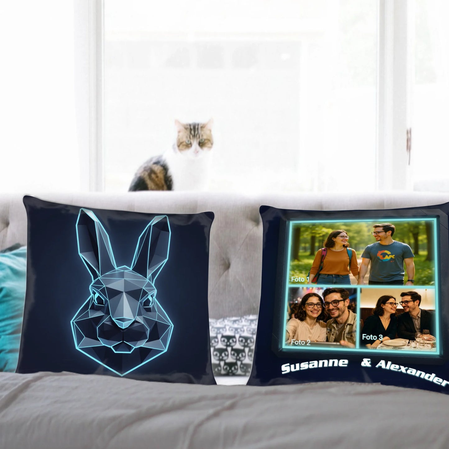 kissen-für-freund-mit-fotocollage-personalisiert-mit-namen-auf-vorderseite-polygonhase-in-neon-blau-auf-rueckseite
