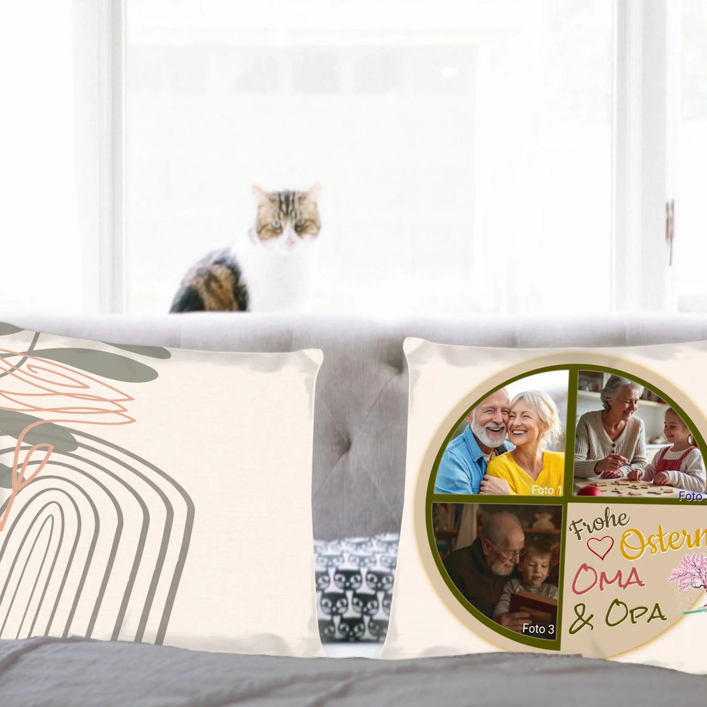 kissen-ostern-großeltern-40x40-cremefarben-vorderseite-mit-fotocollag-rueckseite-mit-blume-lineart