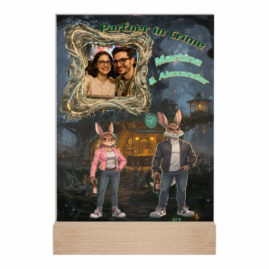 acrylglas-aufsteller-personalisiert-mit-eigenem-foto-und-namen-über-hasen-paar-mit-lederjacke-und-coolem-outfit