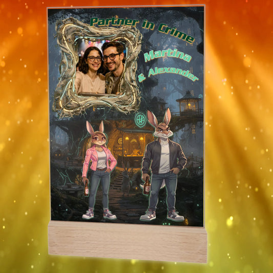 acrylglas-aufsteller-15x20cm-mit-graviertem-standfuss-personalisiert-mit-foto-und-namen-über-animierten-hasenpaar-in-lederjacke