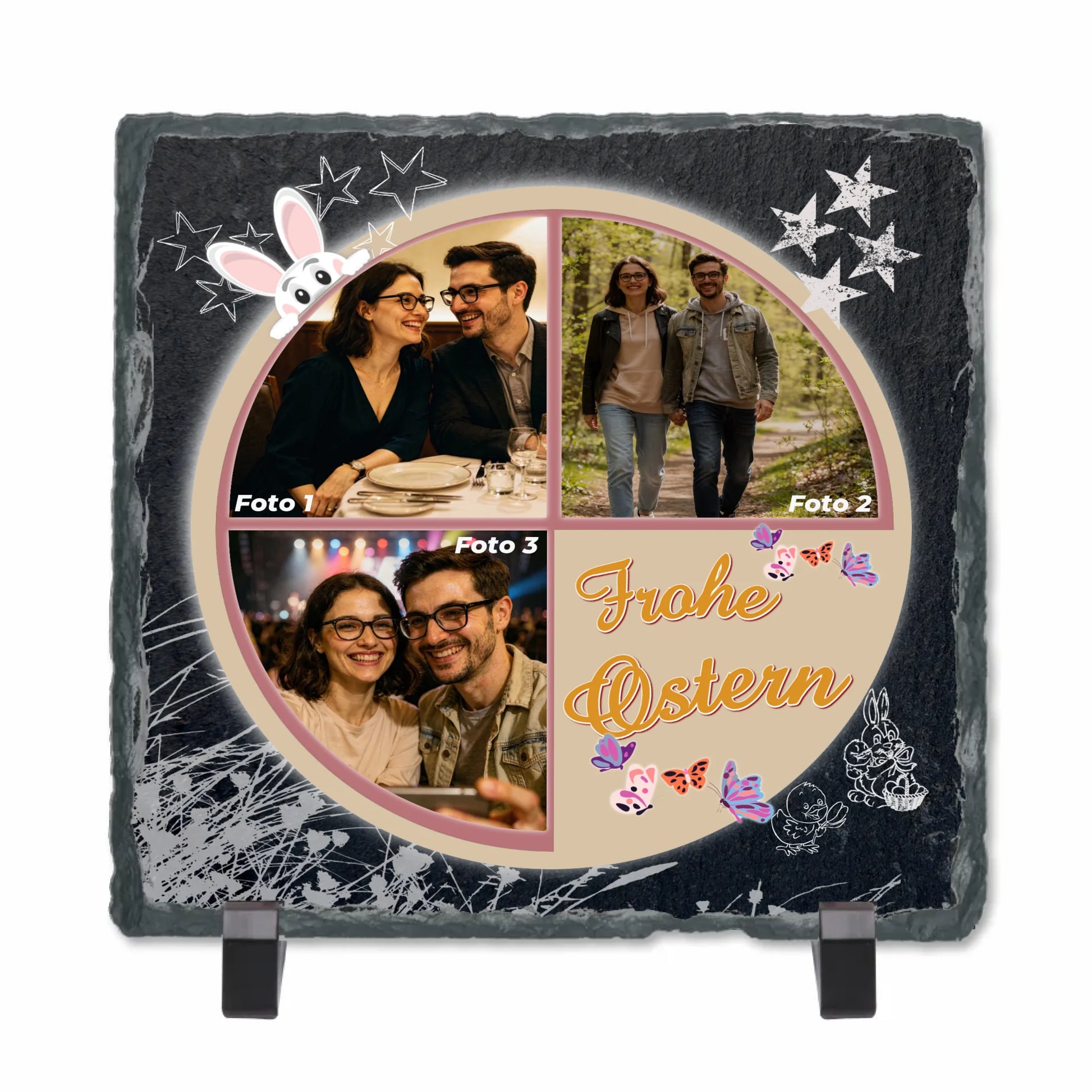 schieferplatte-quadratisch-mit-3-teiliger-fotocollage-und-schriftzug-frohe-ostern-mit-oster-motiven-osterhase-küken
