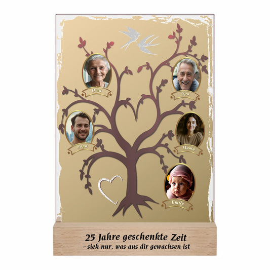 acrylglas-aufsteller-familienbaum-mit-fotos-nach-kundenwunsch-mit-extra gravur-25-jahre-geschenkte-zeit