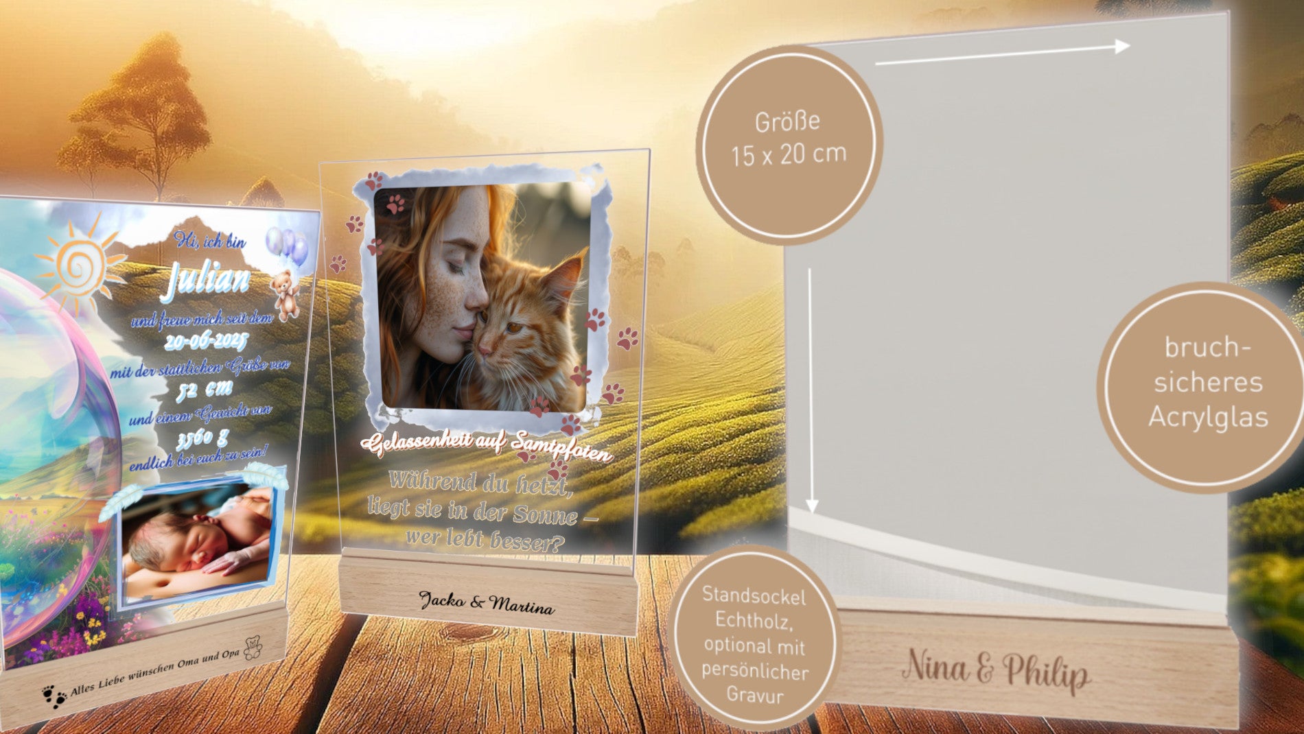 acrylglas-aufsteller-mit-produktdaten-breite15cm-höhe20cm-mit-graviertem-echtholz-sockel
