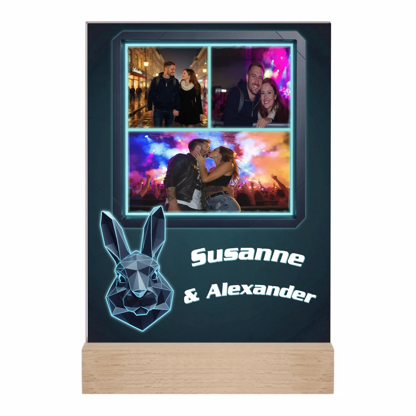 fotoaufsteller-acrylglas-15x20cm-mit-collage-mit-drei-fotos-und-namen-neben-hase-im-polygon-design