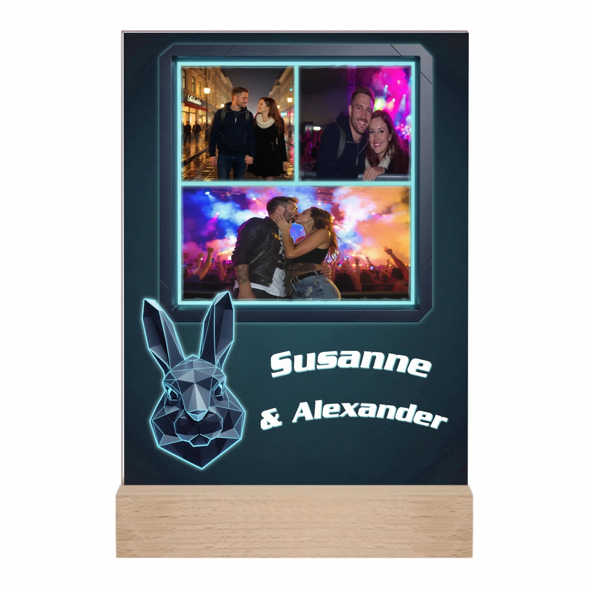 fotoaufsteller-acrylglas-15x20cm-mit-collage-mit-drei-fotos-und-namen-neben-hase-im-polygon-design