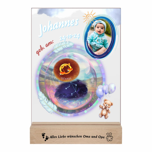 acrylglas-fotoaufsteller-15x20cm-personalisiert-mit-baby-foto-name-datum-und-sternzeichenin-zartem-blau