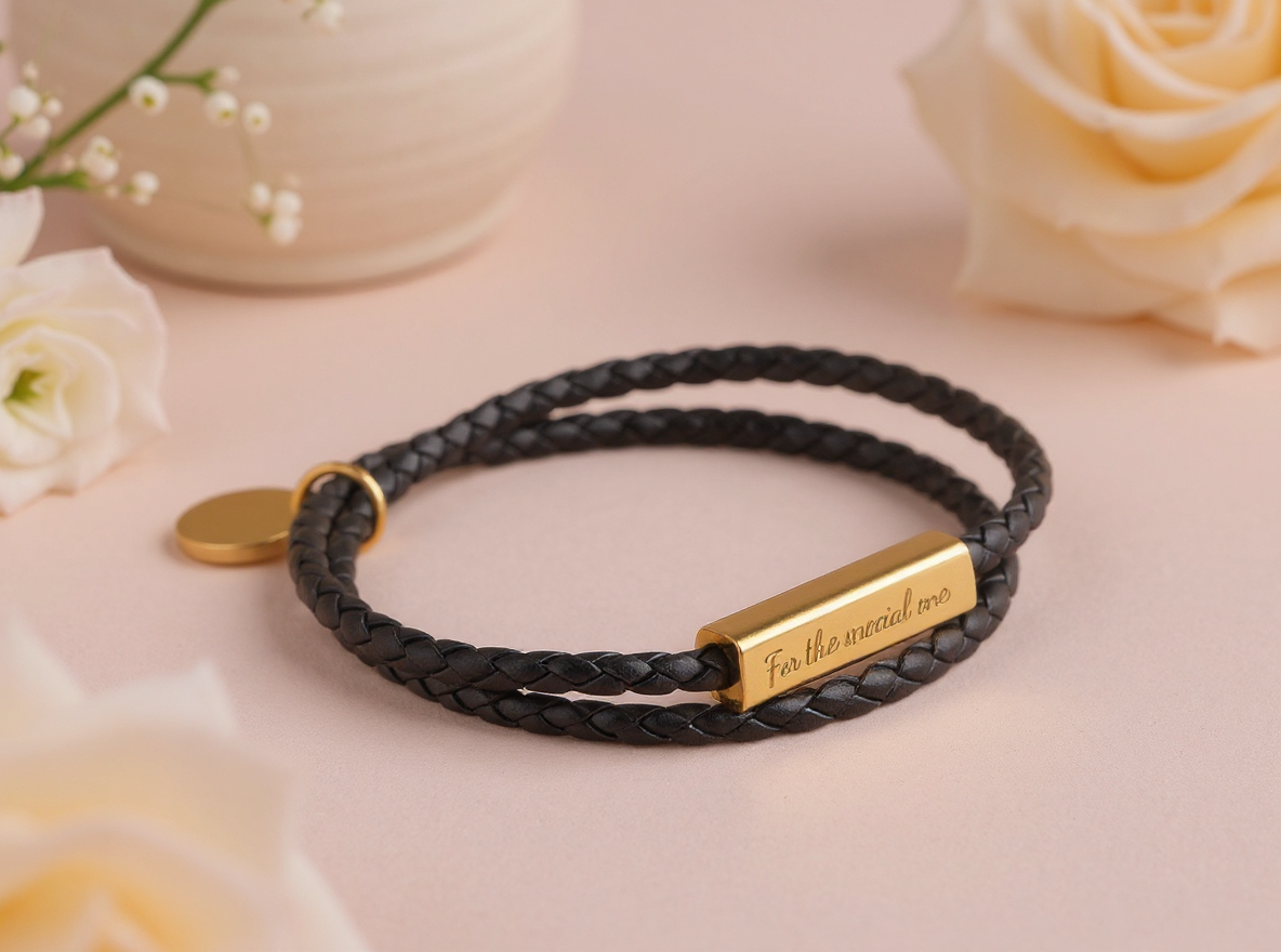 armband-goldener-anhaenger-graviert-mit-echtleder-band