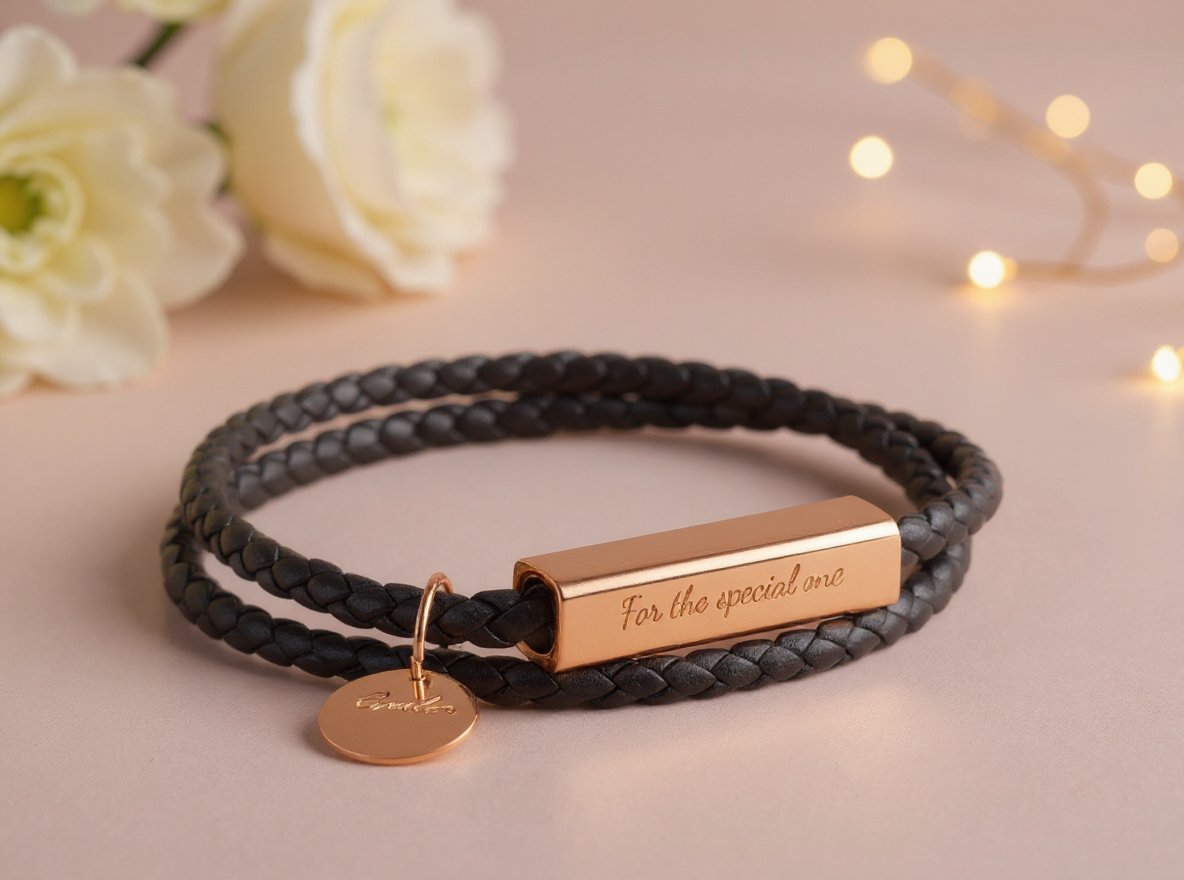 armband-rose-goldener-anhaenger-graviert-mit-echtleder-band