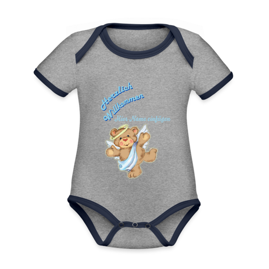 Baby Bio-Body "Herzlich Willkommen" mit Name - Grau meliert/Navy
