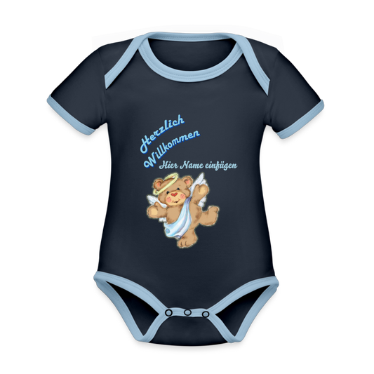 Baby Bio-Body "Herzlich Willkommen" mit Name - Navy/Himmelblau