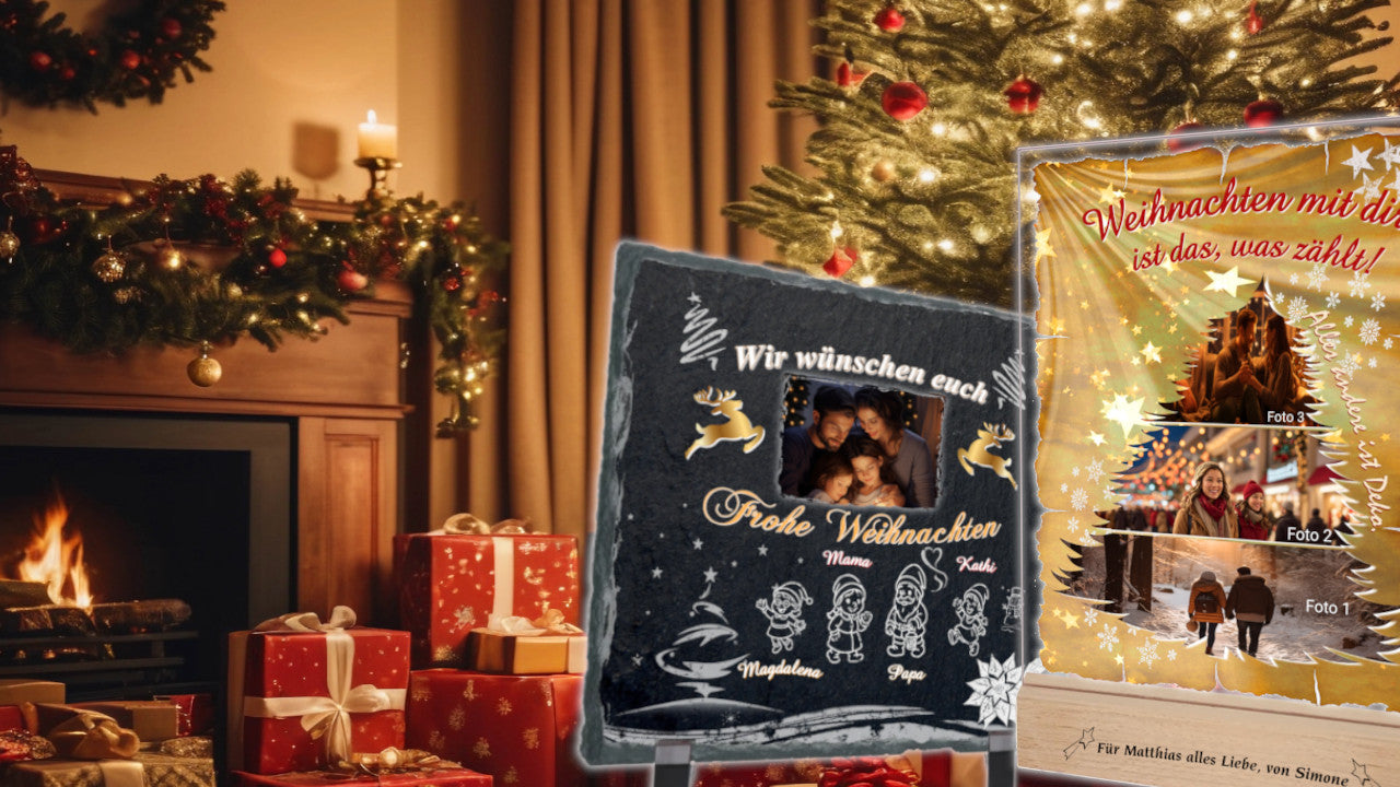 offener-kamin-baum-geschenke-im-vordergrund-acrylglas-mit-weihnachts-collage-und-personalisierte-schieferplatte-mit-foto