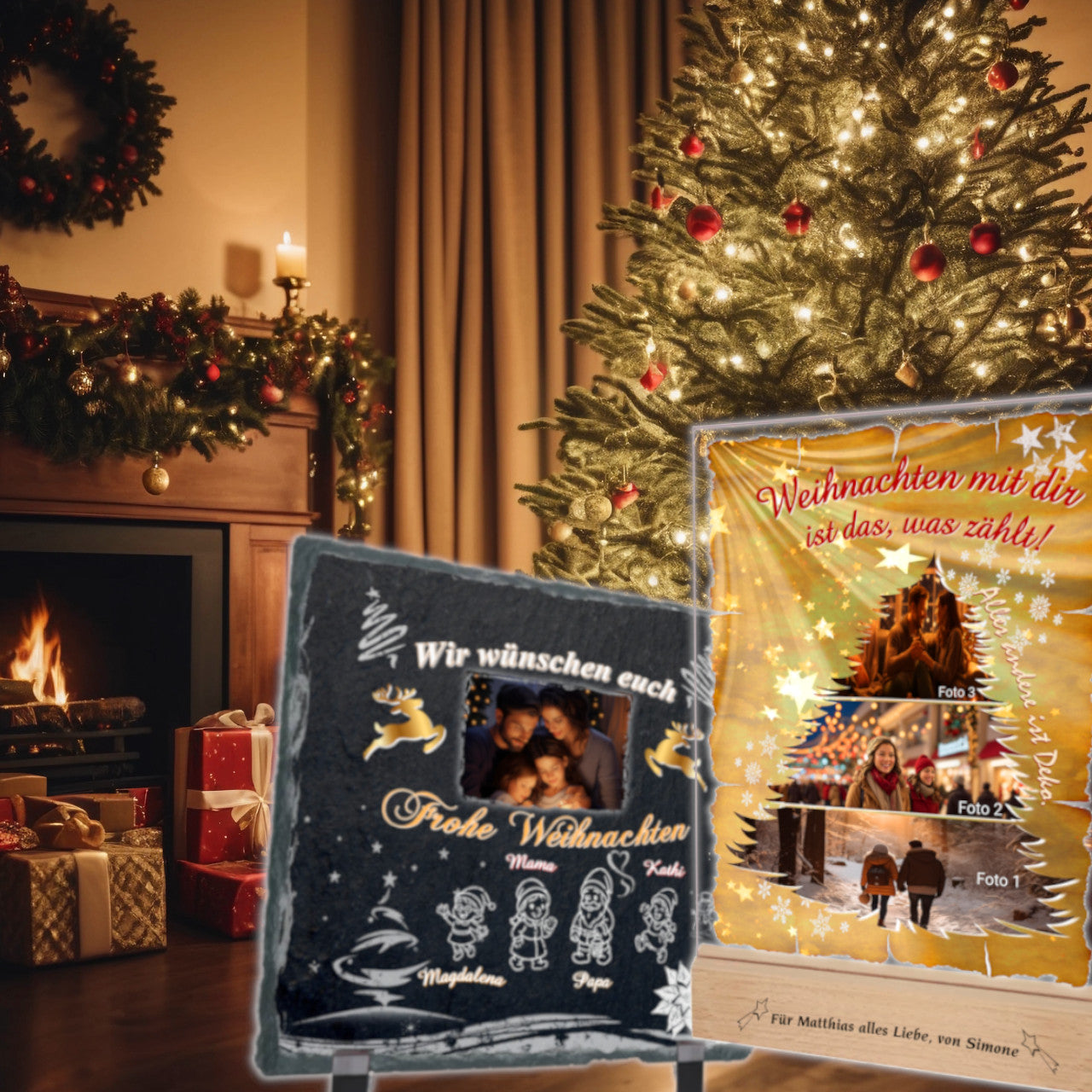 offener-kamin-baum-geschenke-im-vordergrund-acrylglas-mit-weihnachts-collage-und-personalisierte-schieferplatte-mit-foto