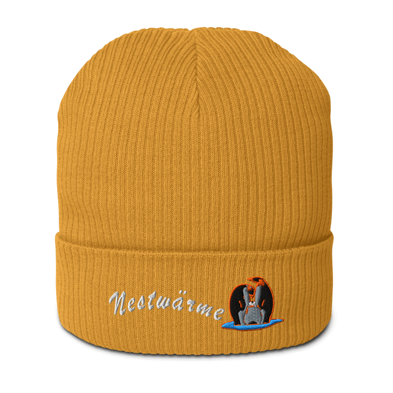 bio-baumwoll-beanie-gelb-gerippt-bestickt-mit-motiv-pinguin-familie-und-schriftzug-nestwaerme