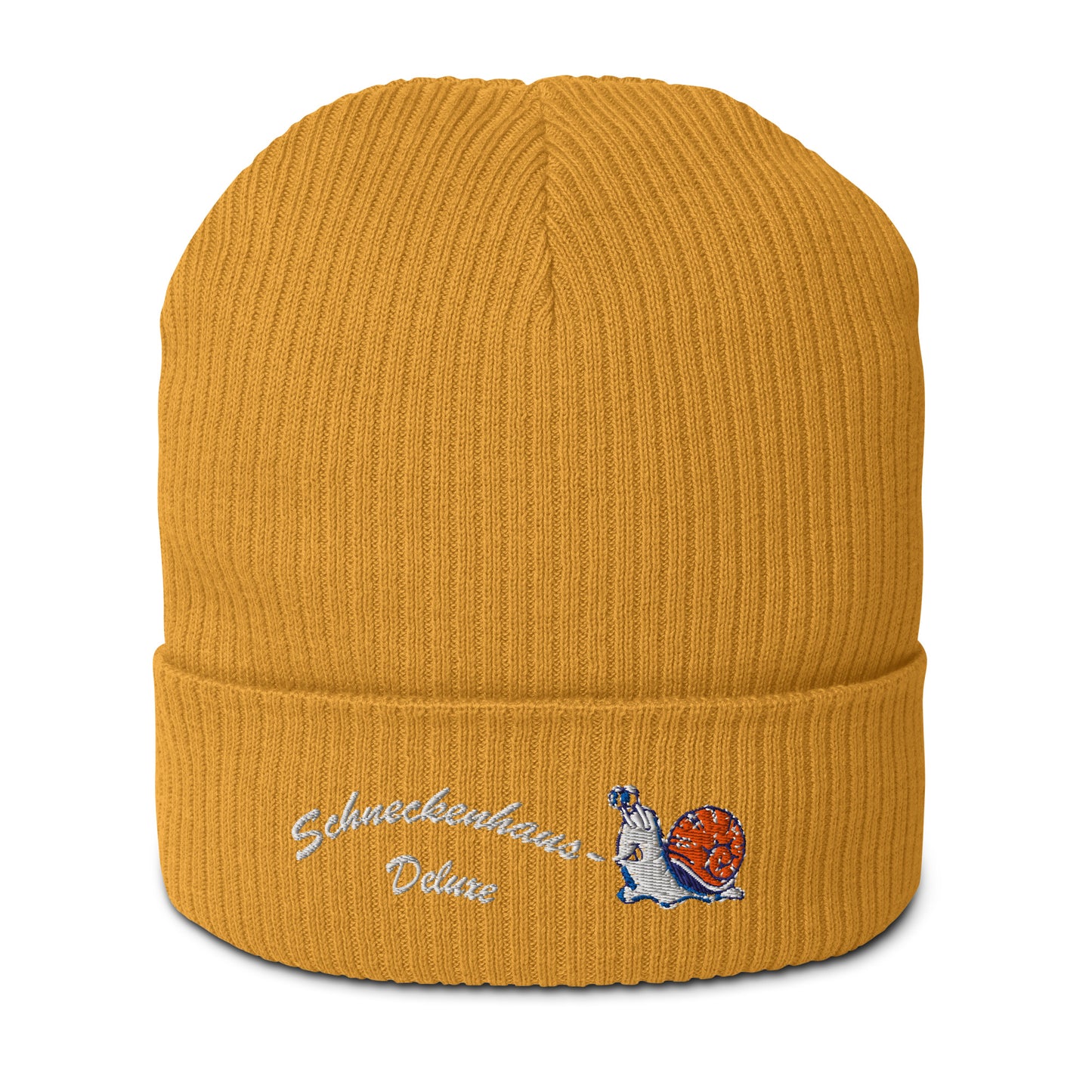 bio-baumwoll-beanie-gelb-gerippt-bestickt-mit-motiv-lustige-schnecke-und-schriftzug-schneckenhaus-deluxe