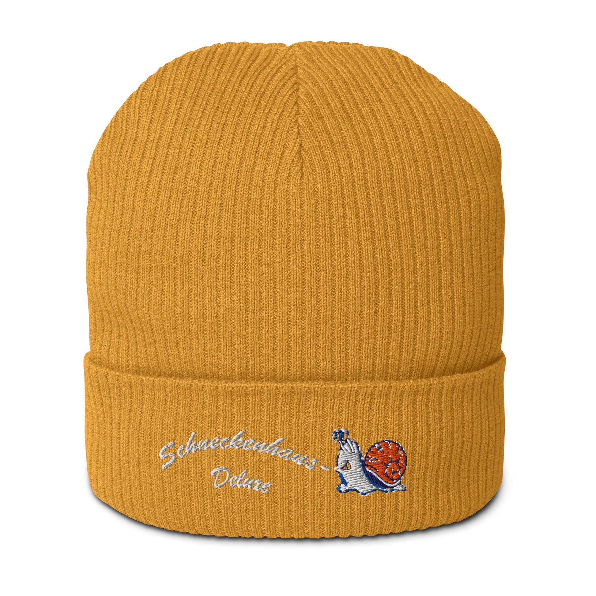 bio-baumwoll-beanie-gelb-gerippt-bestickt-mit-motiv-lustige-schnecke-und-schriftzug-schneckenhaus-deluxe