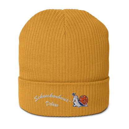 bio-baumwoll-beanie-gelb-gerippt-bestickt-mit-motiv-lustige-schnecke-und-schriftzug-schneckenhaus-deluxe