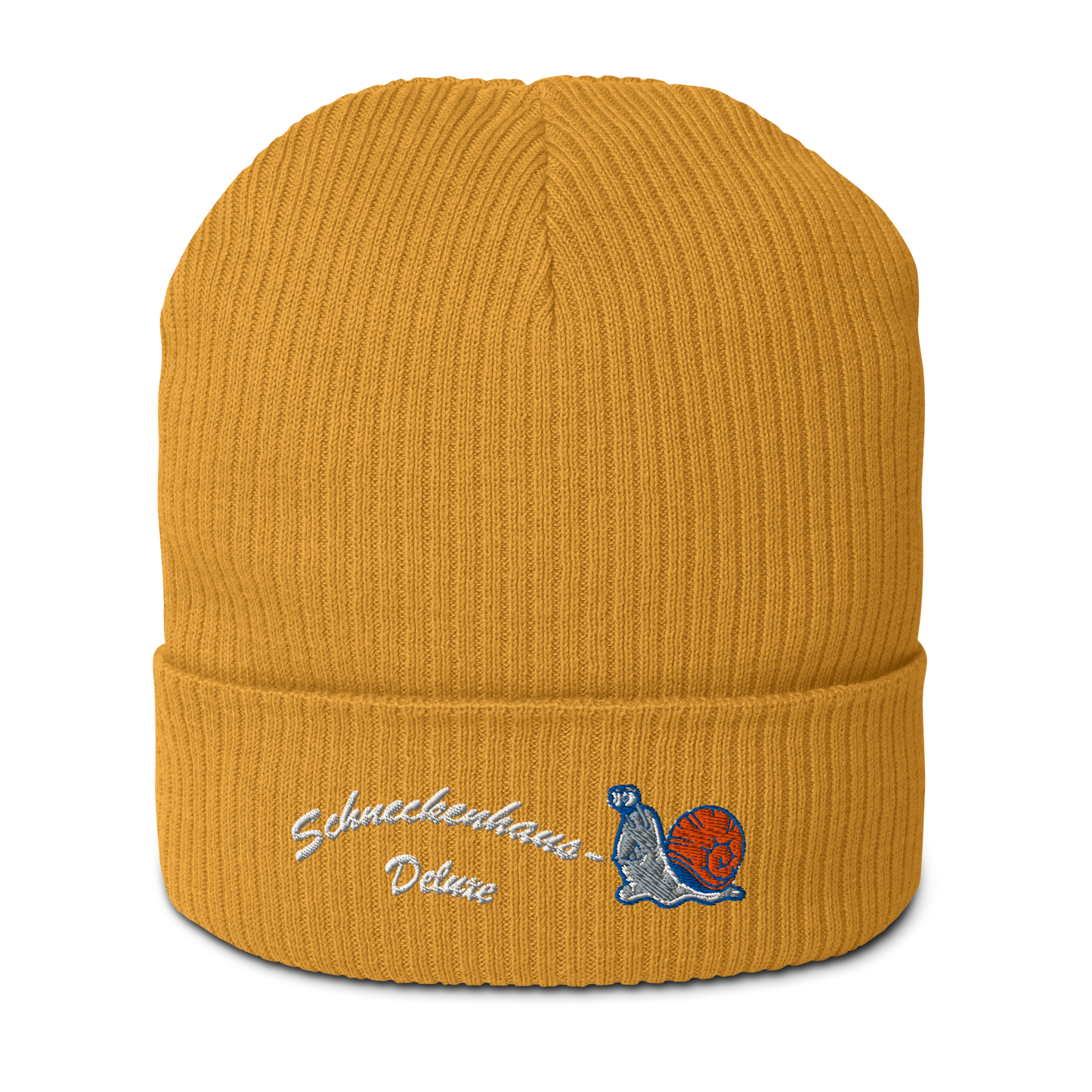 bio-baumwoll-beanie-gelb-gerippt-bestickt-mit-motiv-lustige-schnecke-und-schriftzug-schneckenhaus-deluxe