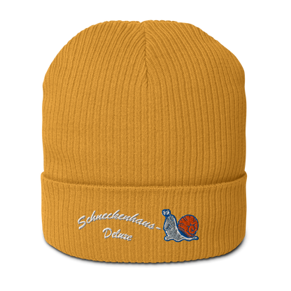 bio-baumwoll-beanie-gelb-gerippt-bestickt-mit-motiv-lustige-schnecke-und-schriftzug-schneckenhaus-deluxe