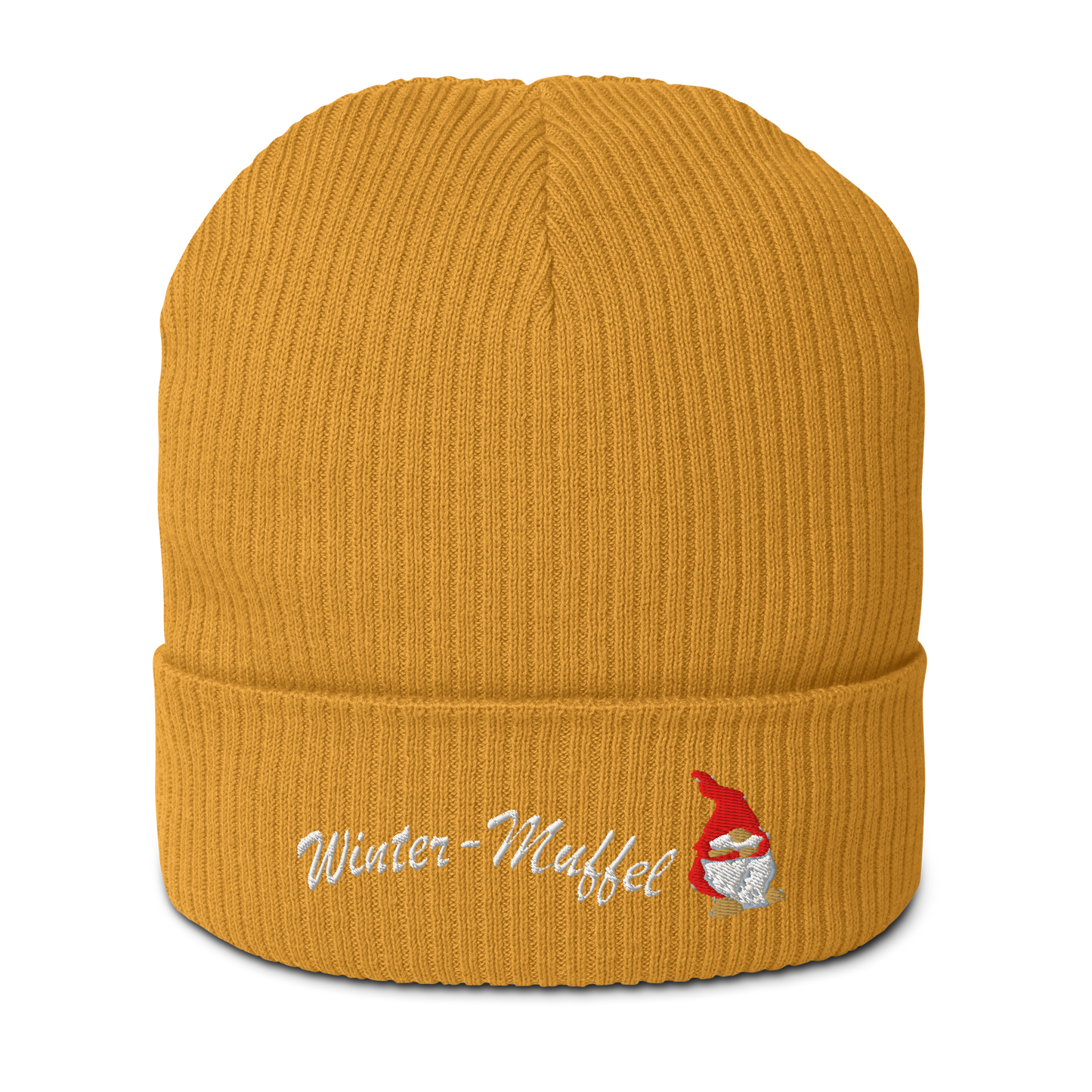 bio-baumwoll-beanie-gelb-gerippt-bestickt-mit-motiv-wichtel-und-schriftzug-wintermuffel